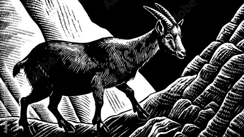 Goat climbing a steep rocky mountain slope with determination black and white sketch vector