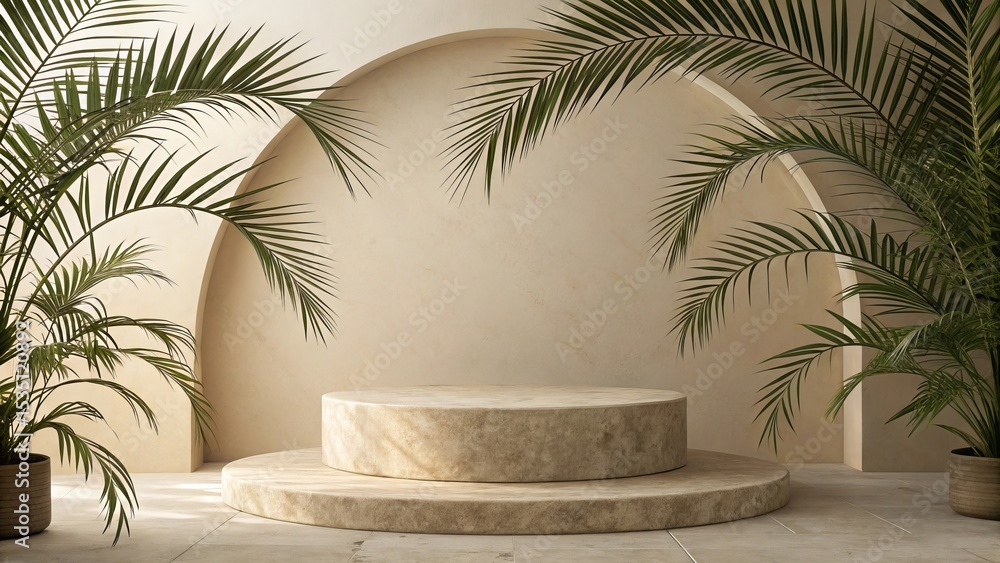 Beige Stone Display Platform with Palm Plants Neutral Background Beige Stone Display Platform with Palm Plants Neutral Background