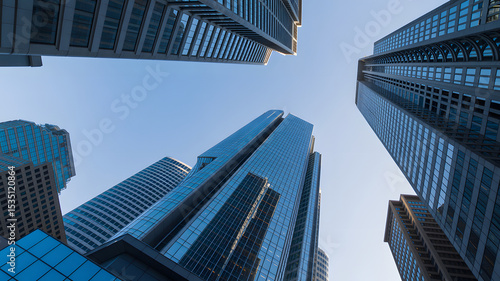 Modern Cityscape Architecture Blue Glass Skyscrapers Reaching for Sky