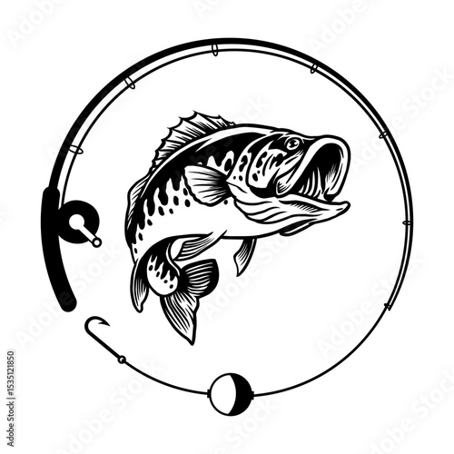Fish with fishing rode svg cut file. Isolated vector illustration.
