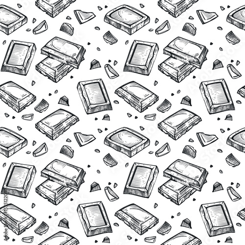 Chocolate, chocolate slices and pieces, chocolate bar, all objects are hand drawn in vector in dark gray. Seamless vector pattern. Suitable for printing on fabric, paper, for packaging goods.
