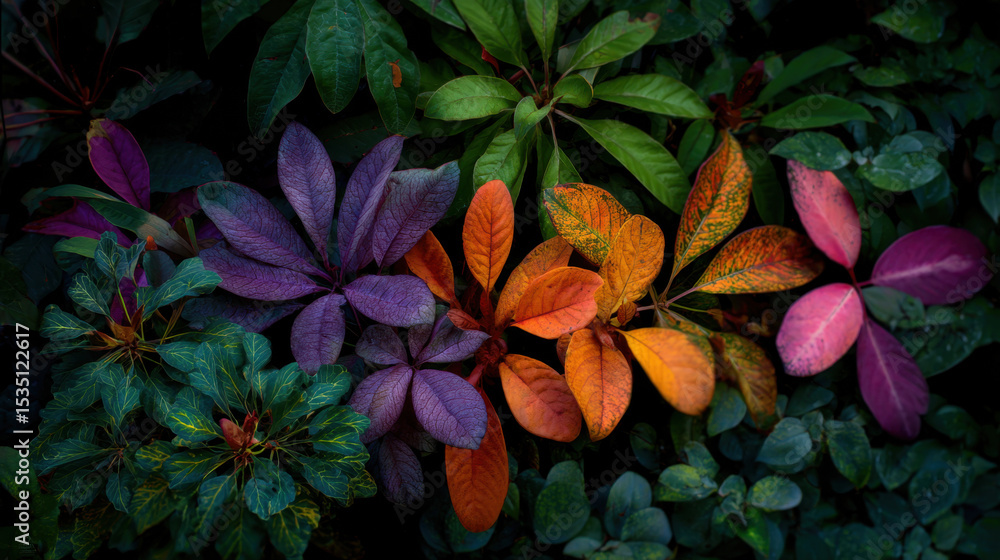 A collection of diverse leaves displays shades of purple, orange, and green among lush foliage in a garden setting on a sunny day A collection of diverse leaves displays shades of purple, orange, and green among lush foliage in a garden setting on a sunny day