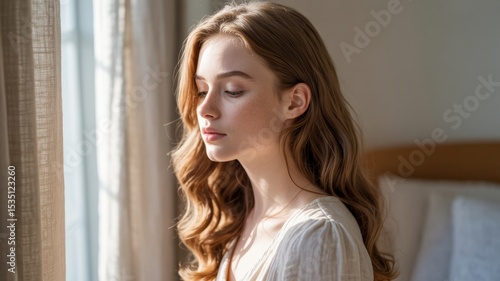 A woman with long, wavy hair gazes thoughtfully out a window, bathed in soft natural light. Free Download A woman with long, wavy hair gazes thoughtfully out a window, bathed in soft natural light. - GFXLoad
