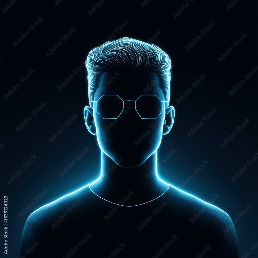 Obraz premium A futuristic neon illustration of a man wearing glasses. The figure is illuminated in glowing blue, suggesting technology or digital representation.