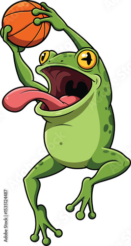 Cartoon frog performing a basketball dunk