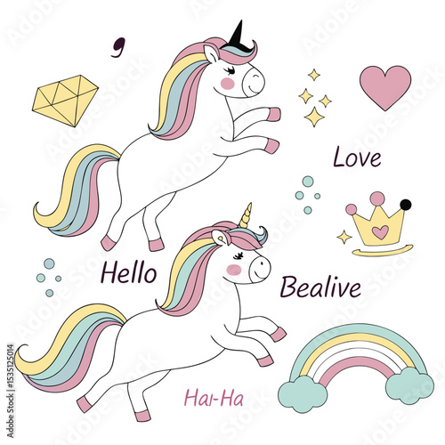 Cute Unicorns with Rainbow Mane and Tail Diamond Heart Crown Stars Rainbow and Positive Words on White Background