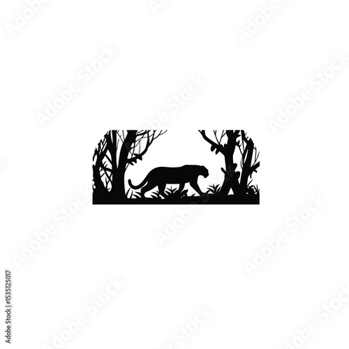 A silhouette of a jaguar stalking prey in a forest on white background