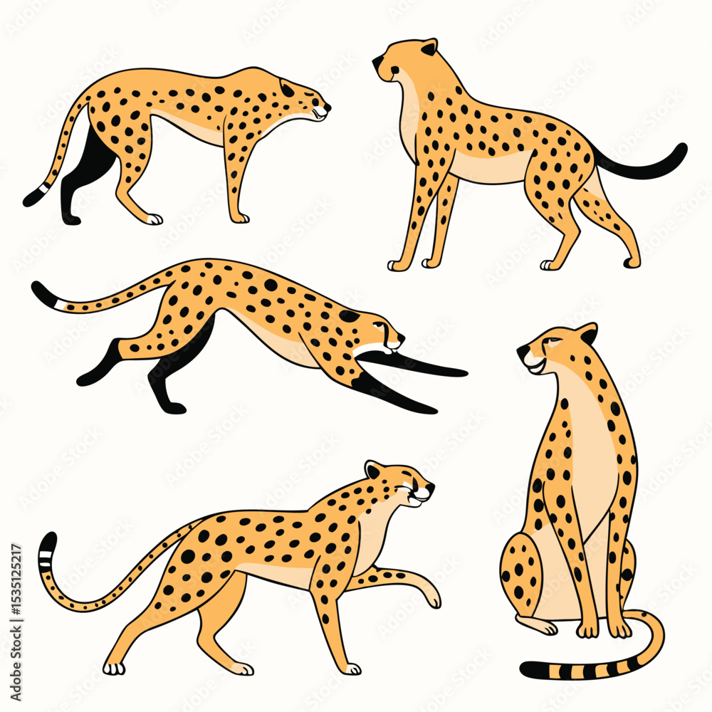 Obraz premium Cartoon Cheetahs in Various Poses Including Walking Sitting Crouching and Running on a White Background