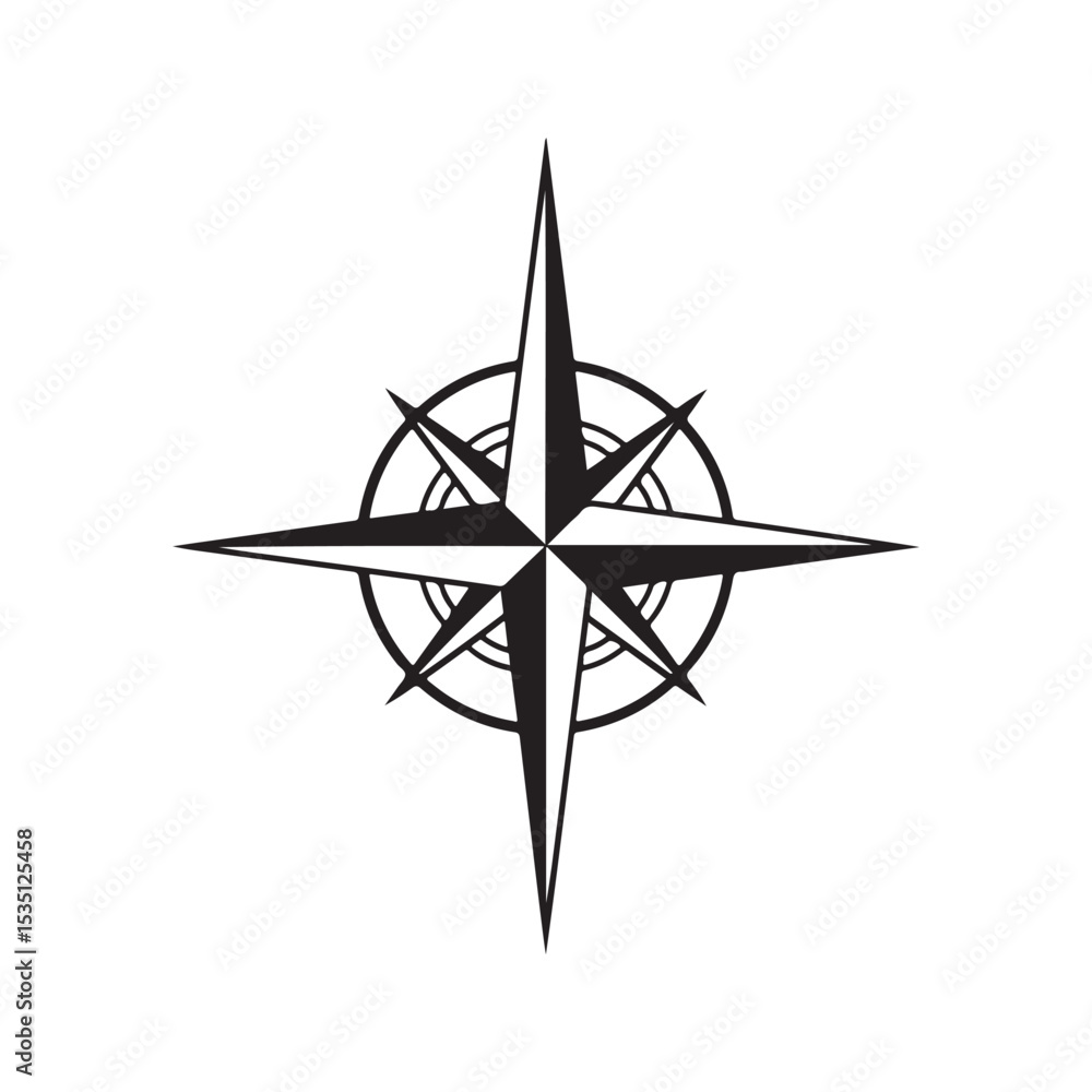 Obraz premium Detailed Wind Rose Compass Icon in Classic Black and White Design