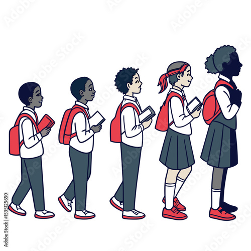 Diverse group of students walking to school with backpacks and holding books or tablets