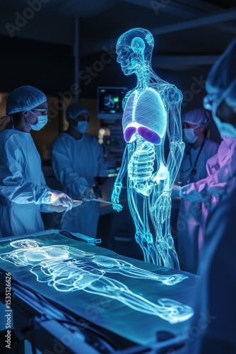 Medical students examining digital 3D anatomical model of human torso in classroom