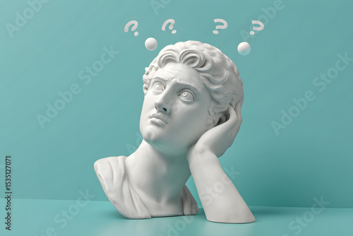 Classical marble statue with confused expression resting head on hand, surrounded by floating question marks on blue background