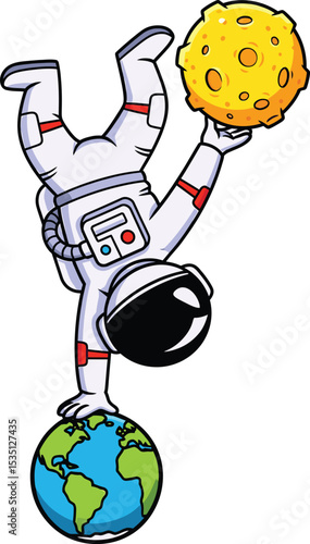 Playful astronaut balancing on earth with moon