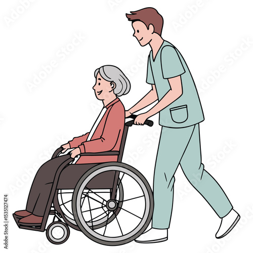 Elderly Woman in Wheelchair Being Assisted by a Young Male Caregiver with Compassion