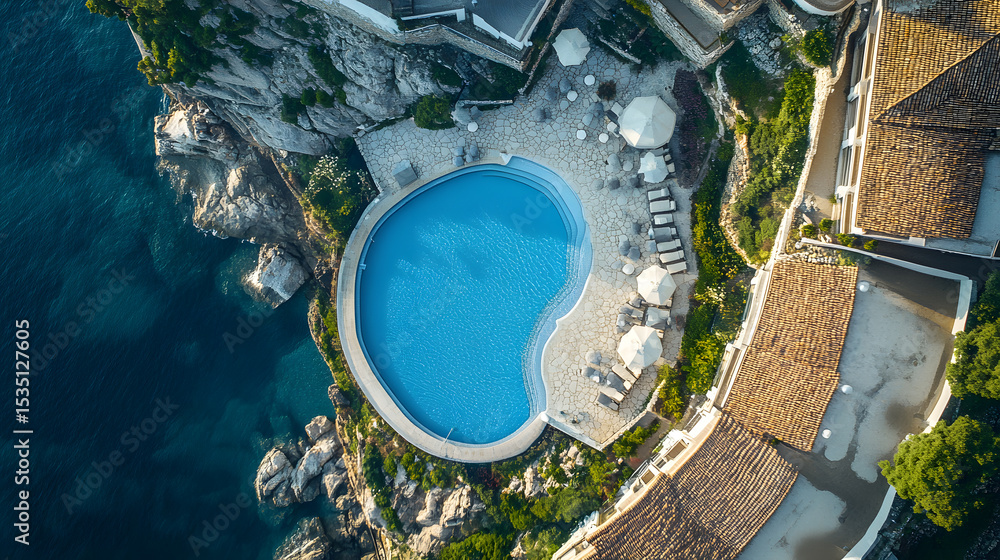 Obraz premium Aerial View of a Cliffside Pool with Ocean Proximity