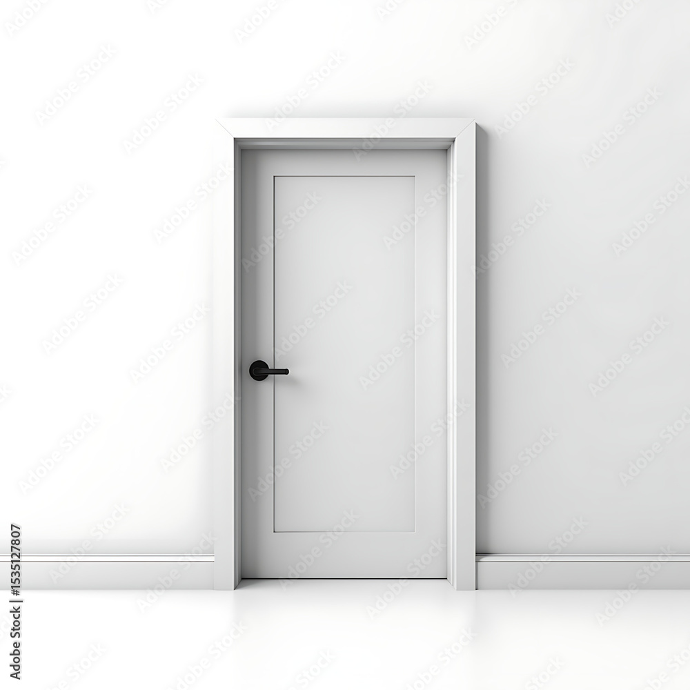White door in minimalist room interior. Simple white door with black handle in modern apartment. Clean white door design for home improvement projects, architectural visualization White door in minimalist room interior. Simple white door with black handle in modern apartment. Clean white door design for home improvement projects, architectural visualization