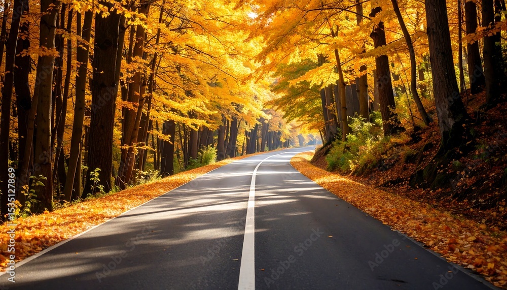 Fototapeta premium Golden autumn road through trees