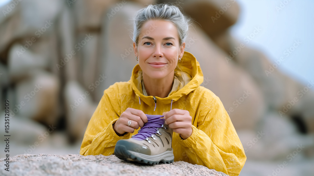 Silver-haired woman ties boot laces while sitting on rocky terrain. Breathtaking natural scenery enhances outdoor adventure spirit. Concept of hiking, fitness, wellness, nature Silver-haired woman ties boot laces while sitting on rocky terrain. Breathtaking natural scenery enhances outdoor adventure spirit. Concept of hiking, fitness, wellness, nature