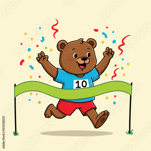 Joyful brown bear winning a race with number ten