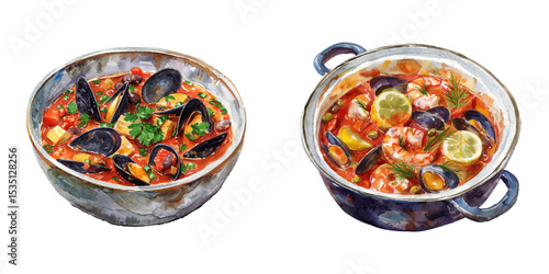 bouillabaisse watercolor vector illustration