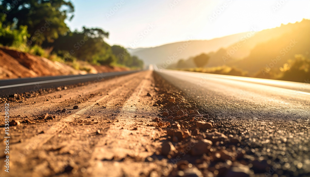 Naklejka premium Open Road Journey: A winding road stretches into the horizon, with a blurred background of sun-kissed mountains, offering a feeling of anticipation and the call to adventure.