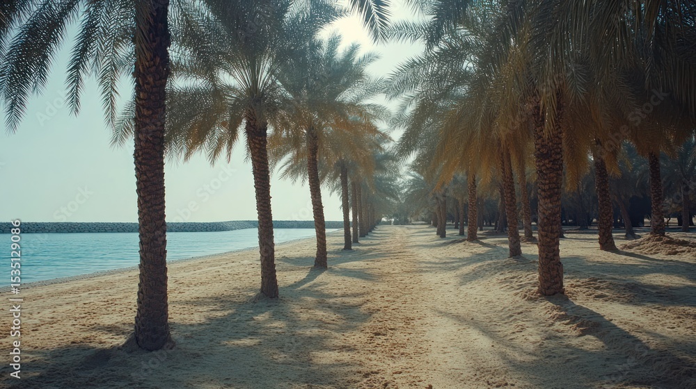Obraz premium Palm trees line a beach path.