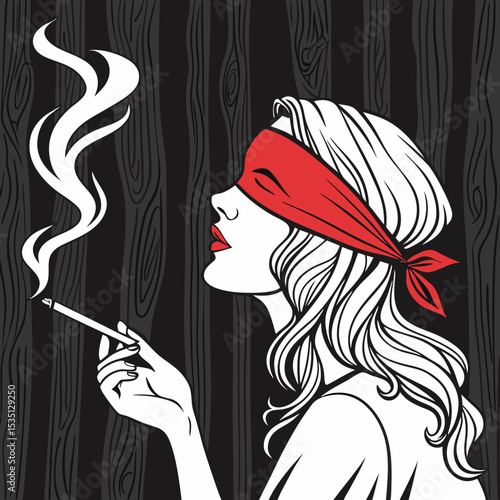 A woman with blindfold and cigarette, lost in thought.