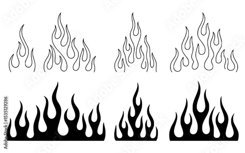 Fire flames set vector illustration black and white designs