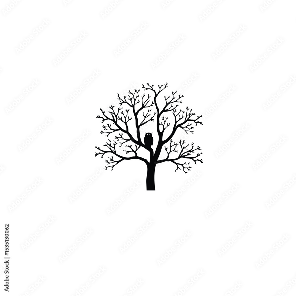 Fototapeta premium Silhouette of a snow-covered tree with an owl on white background