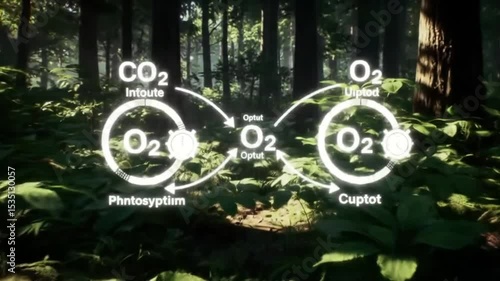 Wallpaper Mural A forest scene with co2 and o2 symbols overlaid on the foliage and tree trunks in a sunny environment Torontodigital.ca