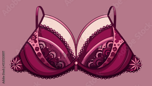 Elegant plunge bra in rich burgundy with thin lace trim and deep neckline shown in detail. Adds sophistication and femininity to intimate vector-style fashion layouts.

