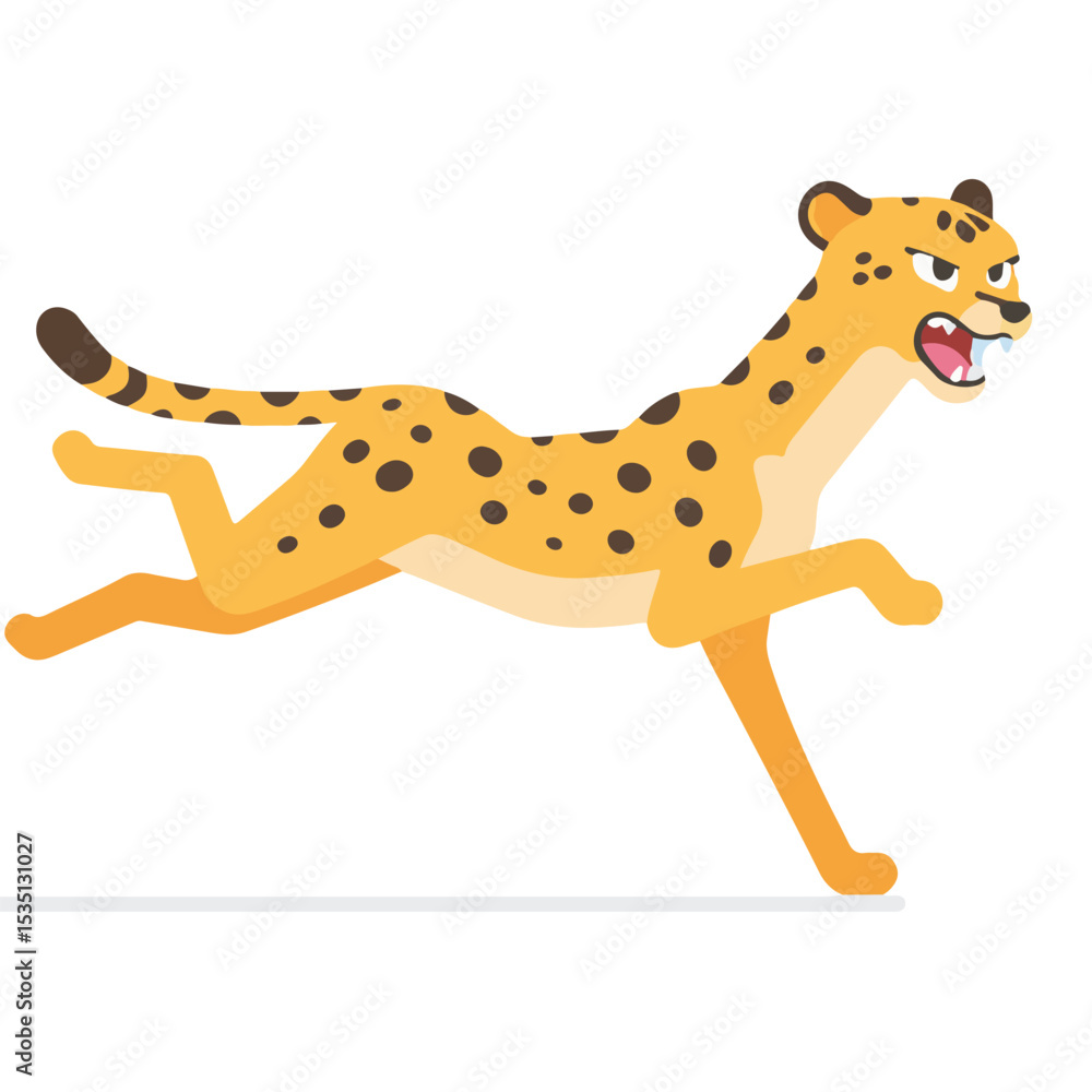 Fototapeta premium Cartoon Cheetah Running Fast with Angry Expression, Flat Illustration