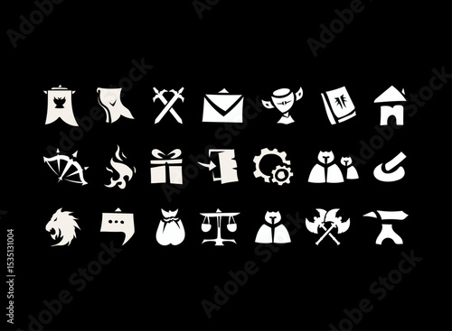 rpg game badge icon set with modern hand drawn fantasy style of ui kit bow, guild, banner flag, quest, message, weapon, menu gear, shop, craft collection