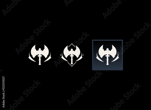 rpg game badge icon set with modern hand drawn fantasy style of axe warrior emblem button