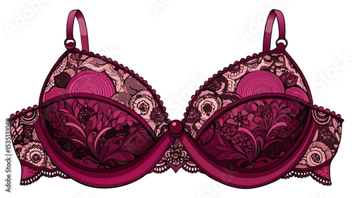 Elegant plunge bra in rich burgundy with thin lace trim and deep neckline shown in detail. Adds sophistication and femininity to intimate vector-style fashion layouts.

