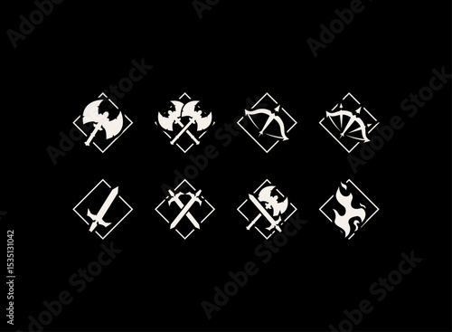 rpg game badge icon set with modern hand drawn fantasy style of axe, bow, sword, and magic weapon emblem