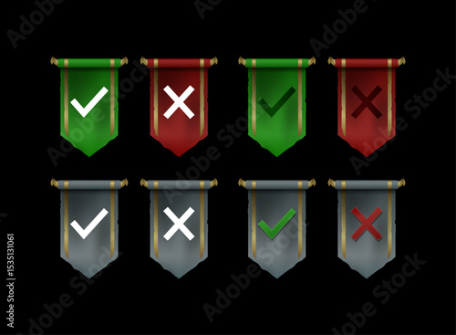 tick and cross, correct or false fantasy rpg medieval game icon with red green banner flag
