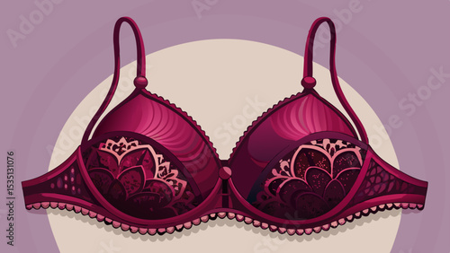 Elegant plunge bra in rich burgundy with thin lace trim and deep neckline shown in detail. Adds sophistication and femininity to intimate vector-style fashion layouts.


