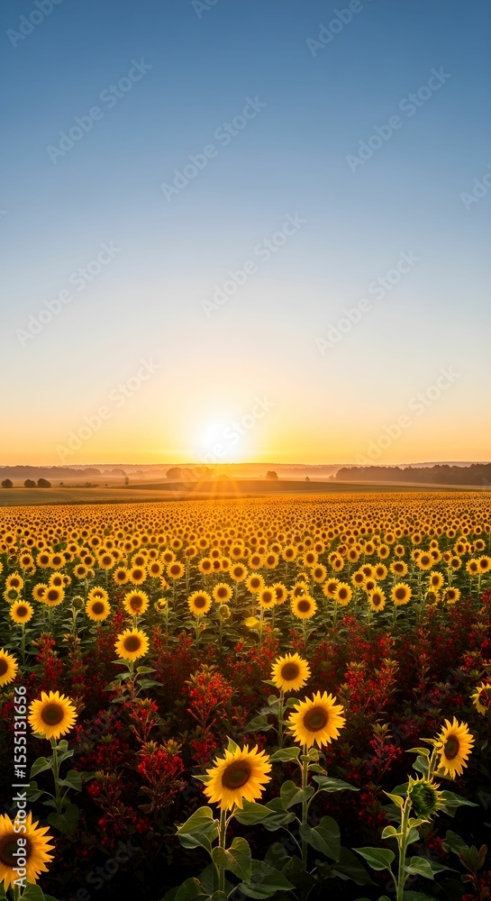 Obraz premium Sunflower Field at Sunrise with Warm Sky and Radiant Morning Light