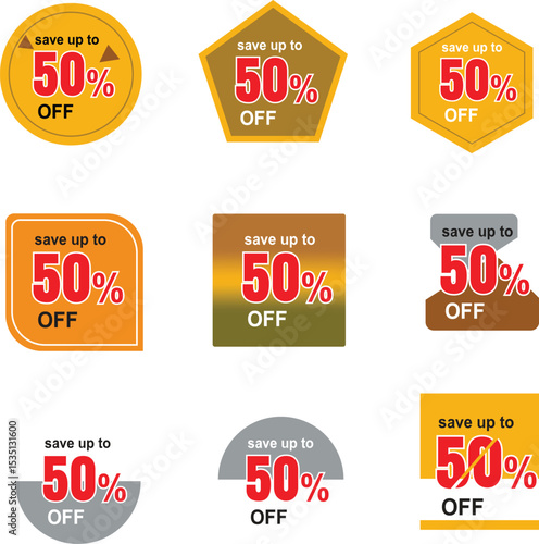 Up to 50 percent off sale. Price tag sticker with offer message. Discount offer price sign. Special offer symbol. Save 50 percentages. Sticker tag banners. Discount label badge. Vector