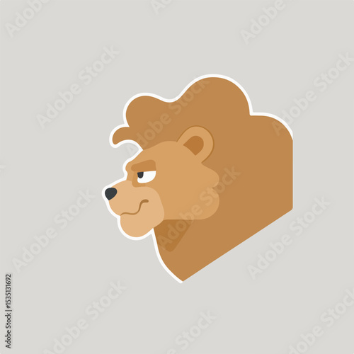 Cartoon lion head with serious expression against gray background.
