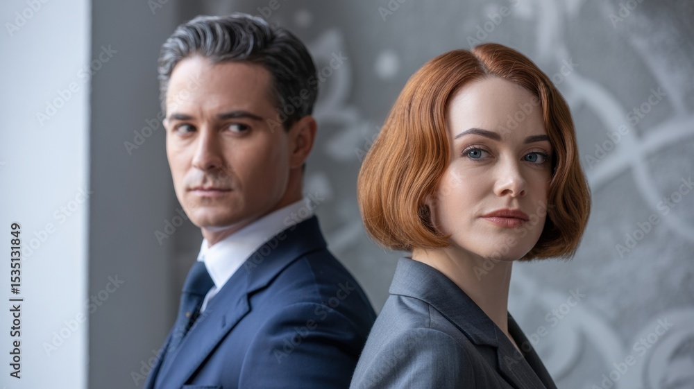 Two individuals in formal attire standing side by side against a patterned wall Two individuals in formal attire standing side by side against a patterned wall