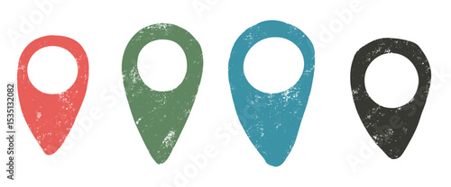 Location map pins colorful crayon drawn set. Road pointer hand drawn doodle isolated on white background. Travel destination symbol elements. Vector navigation geo position illustration by pencil.
