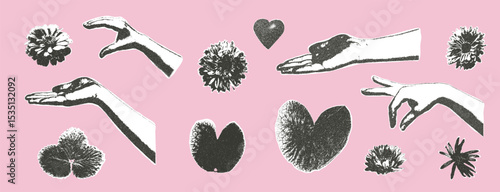 Photocopy effect female hands holding flowers collage set. Cutout opened arms palm with plants for mixed media design. Pieces of retro newspaper elements. Vector retro illustration isolated.