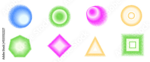 Grain gradient geometric shape set. Y2k noise circles with triangles forms. Colorful rhombus and rectangles icons on white background. Trendy effect with gritty grunge texture. Vector illustration.