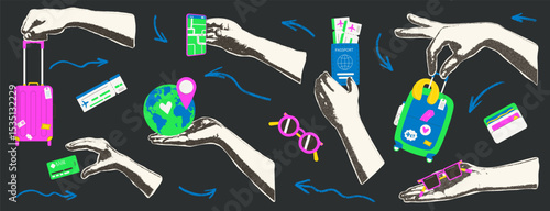 Travel collage with photocopy sticker hand and flat tourism elements. Human arms palm holding suitcase, location map pin, globe, tickets, sunglasses. Vector journey collection illustration isolated.