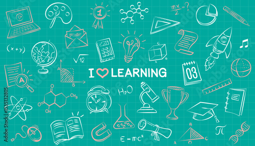 A delightful seamless pattern on a chalkboard background, filled with hand-drawn education doodles and the inspiring "I Love Learning" message. Perfect for creating engaging educational materials.