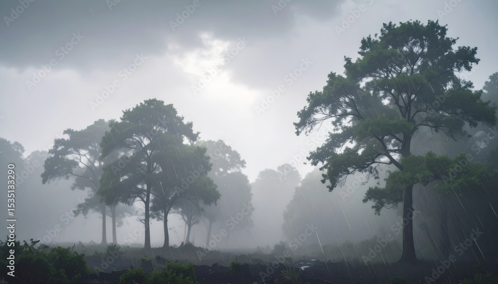 Obraz premium Rain and storm winds blowing trees, thunderstorm