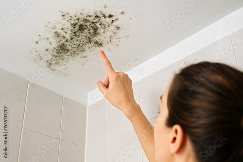 Woman pointing at mold on the bathroom ceiling in a residential setting  