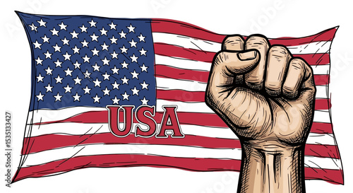 American Patriotism A Powerful Fist Raised High Against the Waving USA Flag